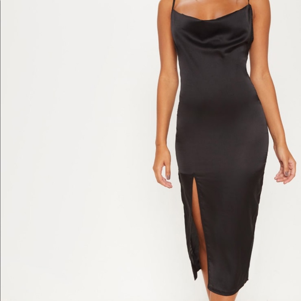NWT Black Strappy Satin Cowl MIDI Dress